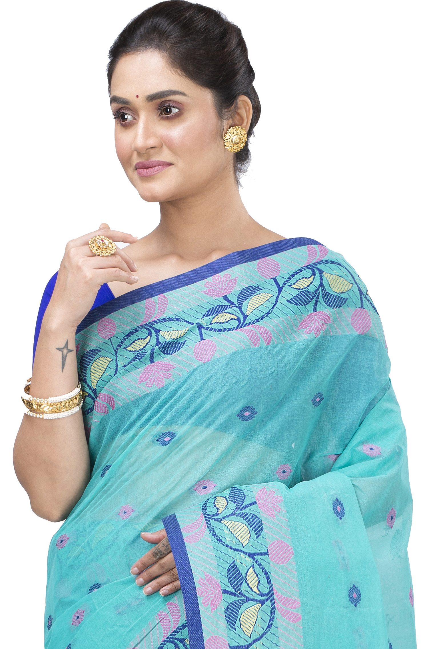 See Green Pure Cotton Govindi Tant Saree (936)